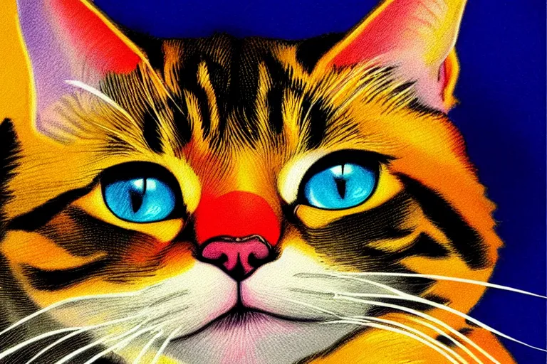 Image similar to color sketch of cat portrait, highly detailed, dramatic lighting, intense shadows, rich deep colours, by roy lichtenstein