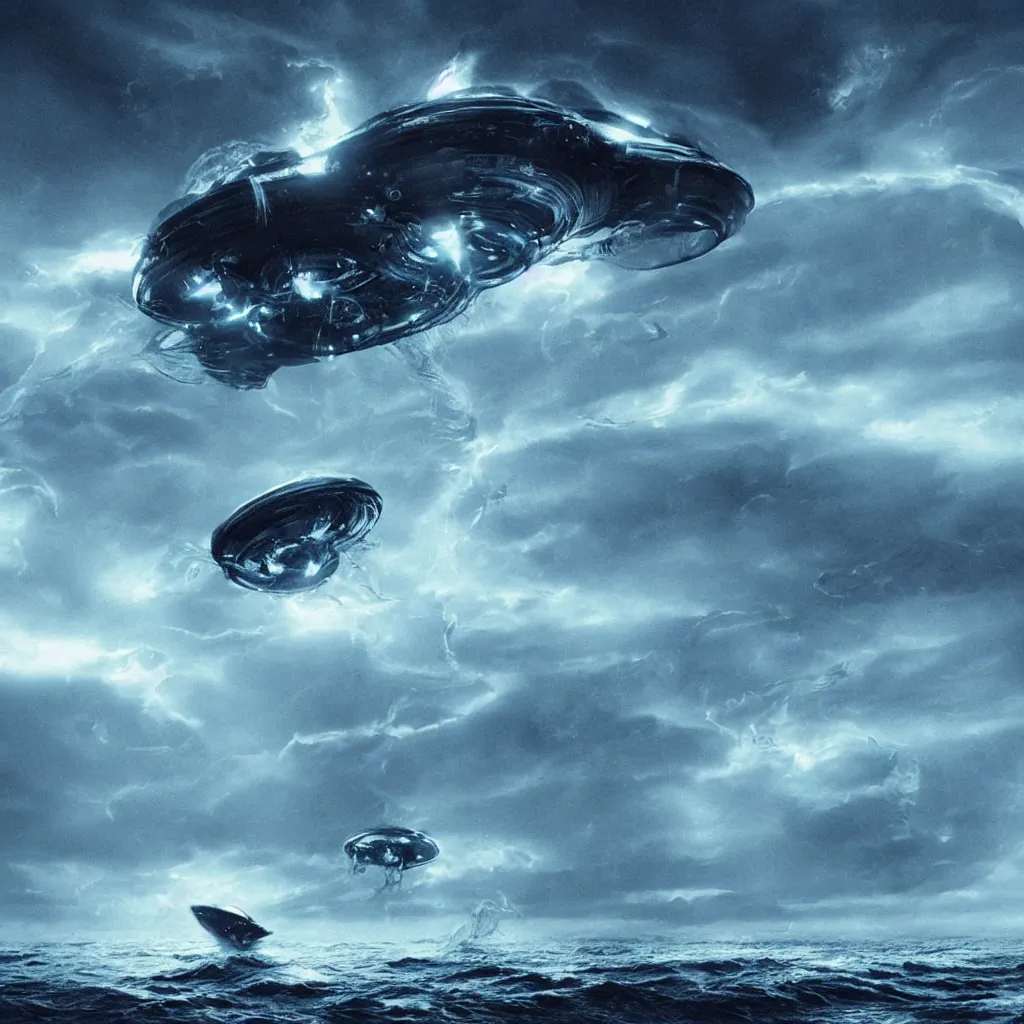 Prompt: large alien spacecraft resembling a cybernetic Portuguese Man of War above a turbulent ocean, intense dramatic sci-fi movie still, beautiful cinematography, chilling