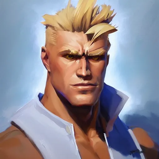 Image similar to greg manchess portrait painting of guile from street fighter as overwatch character, medium shot, asymmetrical, profile picture, organic painting, sunny day, matte painting, bold shapes, hard edges, street art, trending on artstation, by huang guangjian and gil elvgren and ross tran