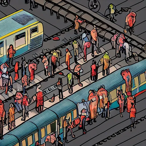 Image similar to a search and find illustration of a zombie horde at a train station with survivors hidden behind objects, isometric view, photorealistic