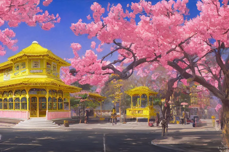 Image similar to painting of a yellow waffle house front view, rococo style, greek architecture, pink marble building, sakura trees, sakura season dynamic lighting, landscape, artwork by jeremy lipkin and giuseppe dangelico pino and michael garmash and rob rey and greg manchess and huang guangjian and makoto shinkai, pixiv, 1 0 0 mm