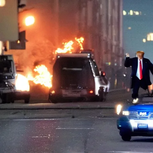 Image similar to donald trump running from the police, helicopters and explosions in the background