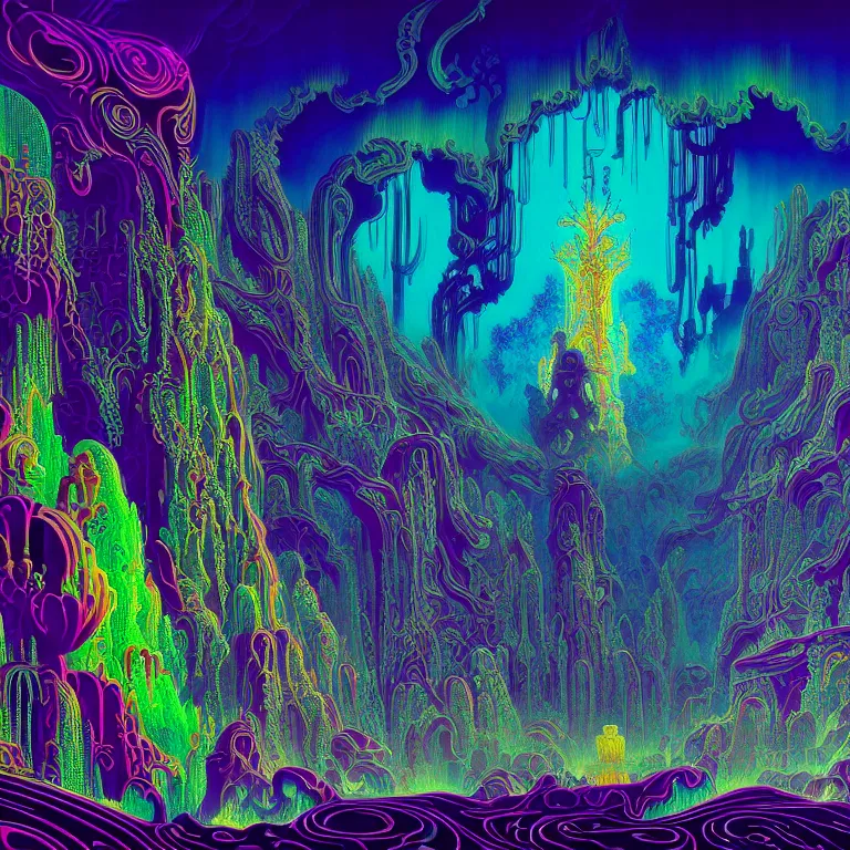 Prompt: interior mythical glass temple, infinite fractal ascent, radiation waves, synthwave, bright neon colors, highly detailed, cinematic, eyvind earle, tim white, philippe druillet, roger dean, ernst haeckel, lisa frank, aubrey beardsley, kubrick