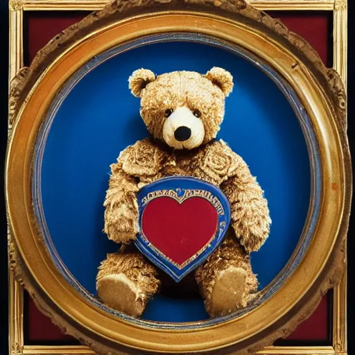 Image similar to a photo in a circular ornate golden frame, of a brown and red college mascot bear wearing blue jeans sitting on the bleachers inside the gym,