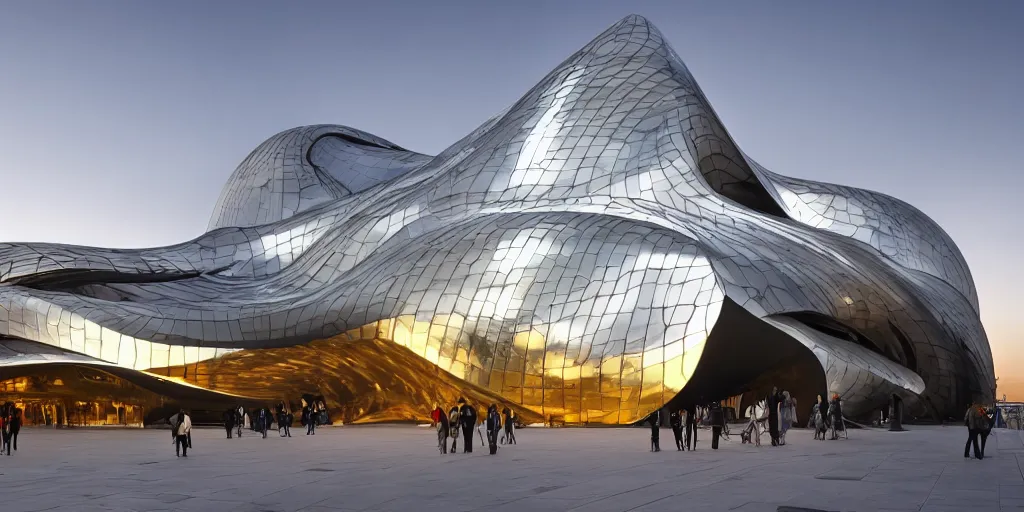 Prompt: extremely detailed ornate stunning sophisticated beautiful elegant futuristic museum exterior by Zaha Hadid, Milan buildings in the background, stunning volumetric light, stainless steal, concrete, translucent material, beautiful sunset, tail lights