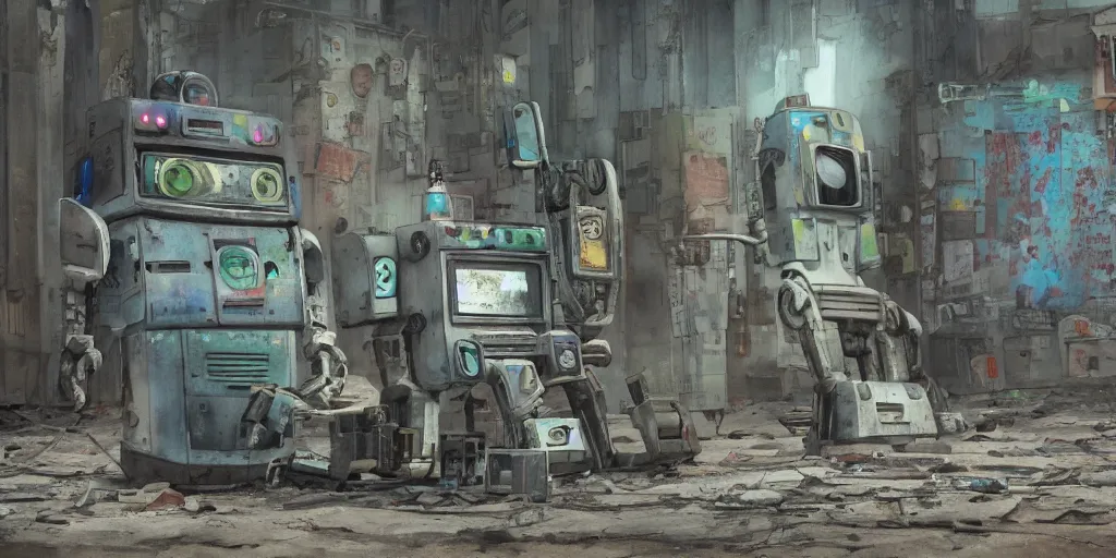 Image similar to a broken robot lying in a deserted junk town, watercolor, ghost in the shell, soft bloom lighting, paper texture, bright sun bleached ground, vending machine, robot lurks in the background, koji morimoto, katsuya terada, genius party, animatronic, black smoke, pale, beige sky pencil marks, hd, 4k, remaster, dynamic camera angle, fish eye, dynamic scene