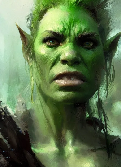 Image similar to green orc female, light green tone beautiful face, by jeremy mann, by greg rutkowski, digital painting