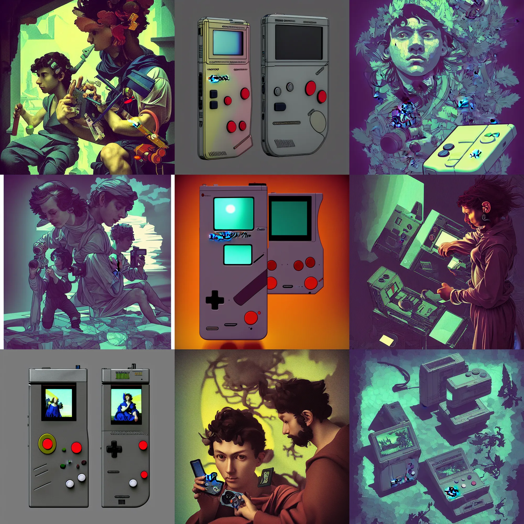 Prompt: Colour Caravaggio style Photography of gameboy designed by Josan Gonzalez Many details. . In style of Jose Gonzalez and Mike Winkelmann and greg rutkowski and alphonse mucha and Caspar David Friedrich and Stephen Hickman and James Gurney and Hiromasa Ogura. Rendered in Blender, volumetric natural light