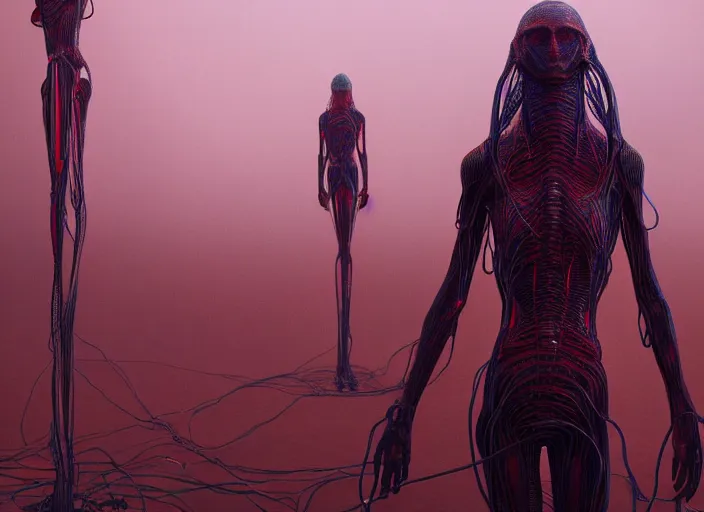 Image similar to rgb, woman, alien city, on an alien planet, movie scene, inspired by zdzislaw beksinski, clothes made out of veins,, cables everywhere, bedroom, ultra realistic, concept art, intricate details, highly detailed, photorealistic, octane render, 8 k