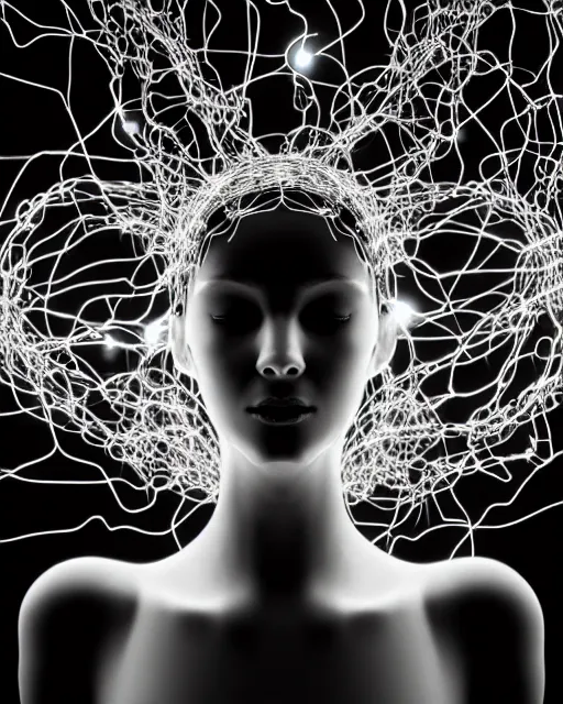 Image similar to black and white connected cyborg - plant goddess high quality photo, microchip, artificial intelligence, bio - mechanical bio - luminescence, black wired cables, neurons, nerve cells, cinematic, rim light, photo - realistic, elegant, high detail, 8 k, masterpiece, high fashion