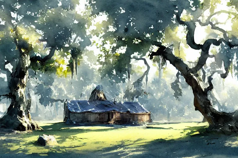 Image similar to small centered on watercolor paper, paint brush strokes, abstract watercolor painting of ancient viking house in city park, palm and oak trees, sunshine though foliage, translucent leaves, cinematic light, national romanticism by hans dahl, by jesper ejsing, by anders zorn, by greg rutkowski, by greg manchess, by tyler edlin