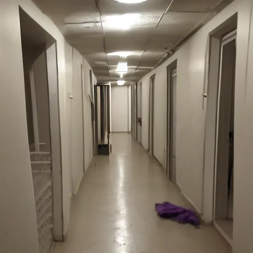 Image similar to dingy hallway in an apartment building, dirty, poorly lit