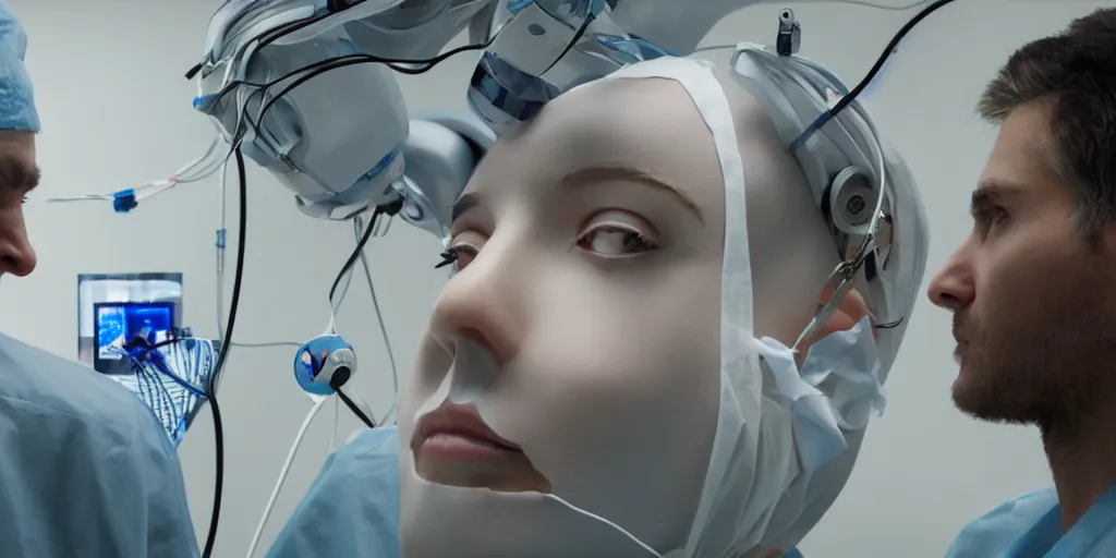 Prompt: on video monitors a face transplant in an operating room with robotic surgeons with a lot of wires rs , photorealistic,by Wlop,4k resolution