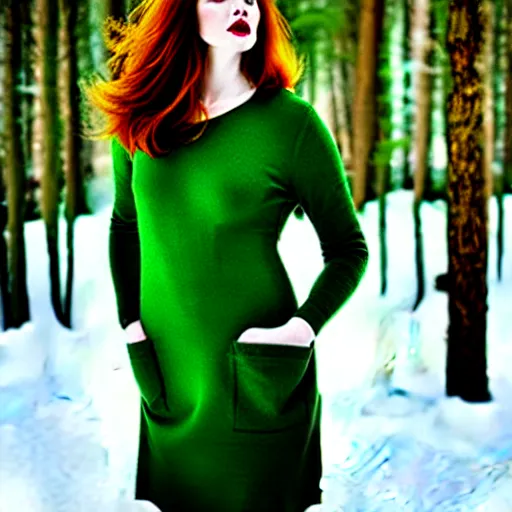 Image similar to redhead women in a green dress, with pockets, photorealistic, saturated colors, winter scenario