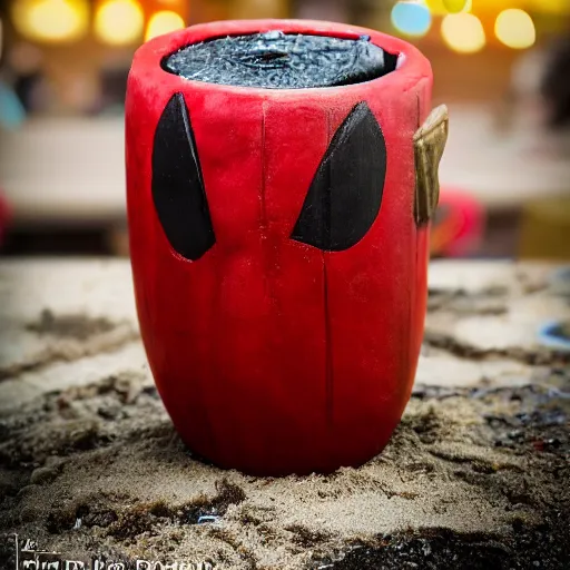 Image similar to a closeup photorealistic photograph of a deadpool style tiki mug sitting at a trader vic's beach bar featuring the face of deadpool. tiki party. bright scene. fine detail. this 4 k hd image is trending on artstation, featured on behance, well - rendered, extra crisp, features intricate detail, epic composition and the style of unreal engine.