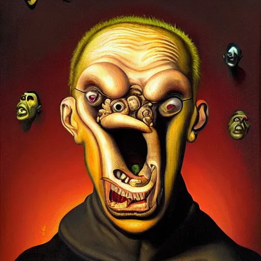 Image similar to oil painting with black background by christian rex van minnen robert williams todd schorr of a portrait of an extremely bizarre disturbing mutated man with acne intense chiaroscuro lighting perfect composition masterpiece