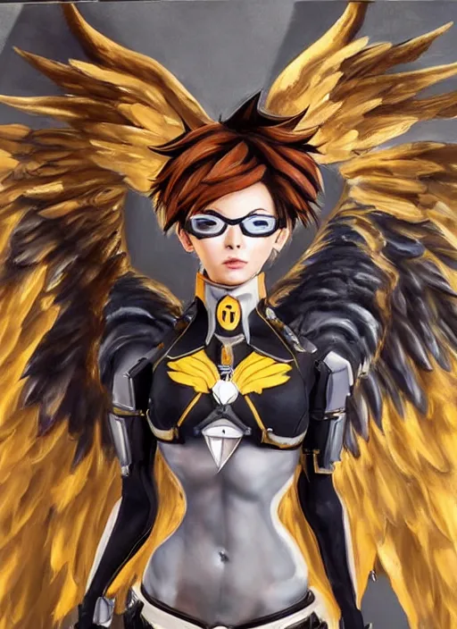 Image similar to full body oil painting of tracer overwatch, angel wings, dramatic painting, symmetrical composition, wearing gold detailed choker, golden cuffs, black shiny armor, detailed face and eyes,