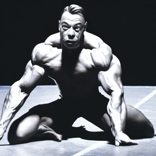 Image similar to Jean Claude Vandamme, 1992, doing the splits, dramatic lighting, award winning, octane,