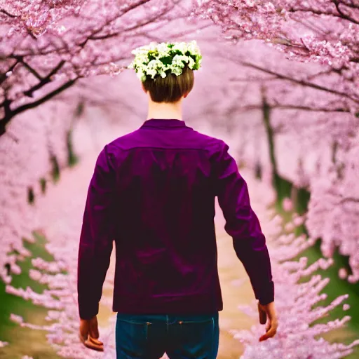 Prompt: kodak portra 4 0 0 photograph of a skinny blonde guy standing in field of cherry blossom trees, back view, flower crown, moody lighting, telephoto, 9 0 s vibe, blurry background, vaporwave colors, faded!,