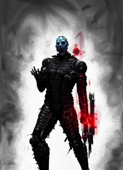 Image similar to marilyn manson as victor stone, full body concept, cyborg, borg, strogg, face of a man, terminator, flesh, quake strogg, doom demon, wolfenstein, monstrous, powerful, symmetry, symmetrical, concept art by ruan jia and greg rutkowski