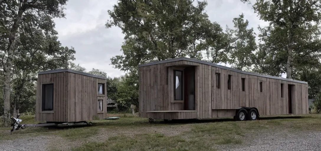 Image similar to brutalist tiny home on trailer, made of stone.