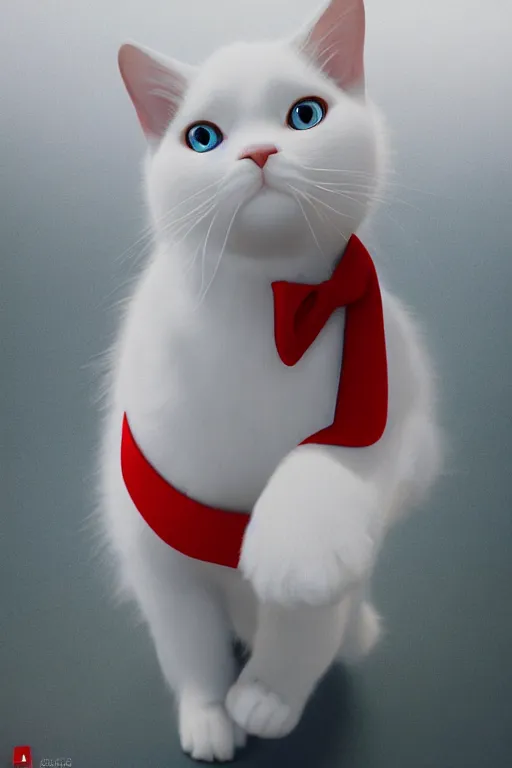 Image similar to a white cat with blue eyes wearing a red formal overcoat, hyperrealistic, concept art, octane render, unreal engine 5, realistic and defined face, profile picture, digital art, pixar and disney style, symmetrical, high quality, highly detailed, high coherence, path traced, house background, low contrast, beautiful
