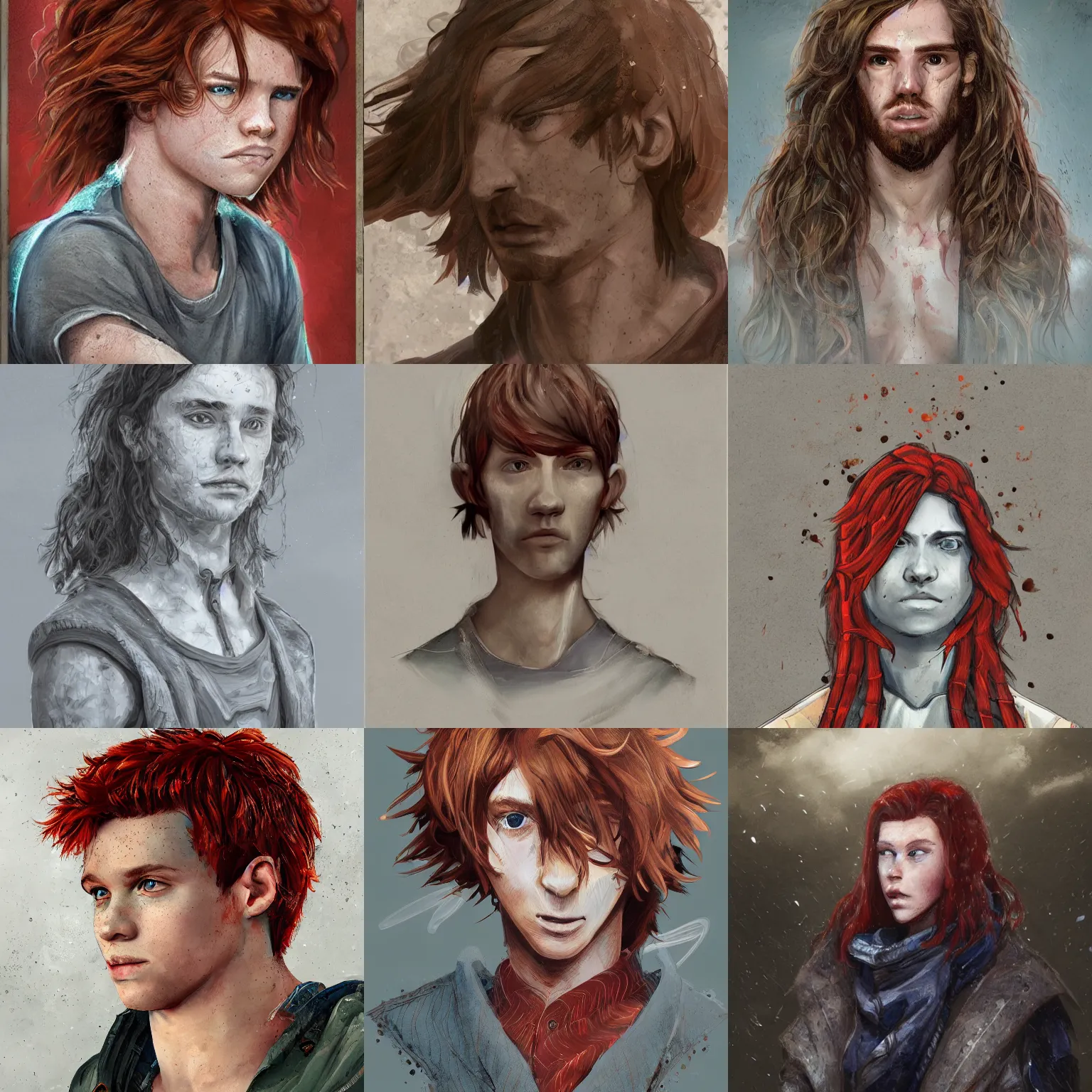 Prompt: portrait of a teen boy with long red hair and a lot of freckles and a stockier build, intricate, highly detailed, digital painting, artstation, sharp focus, illustration