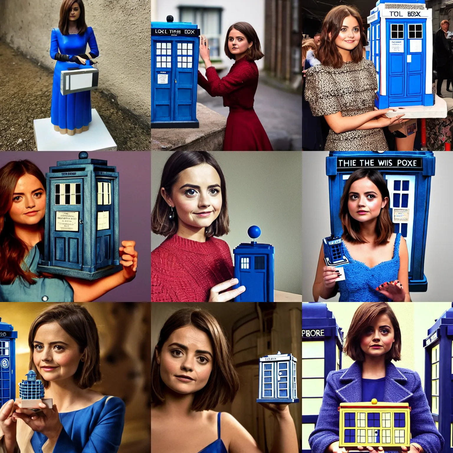 Prompt: jenna coleman holding up a small model of a tardis, a surrealist sculpture by matthew smith, trending on tumblr, context art, high definition, tesseract, photo
