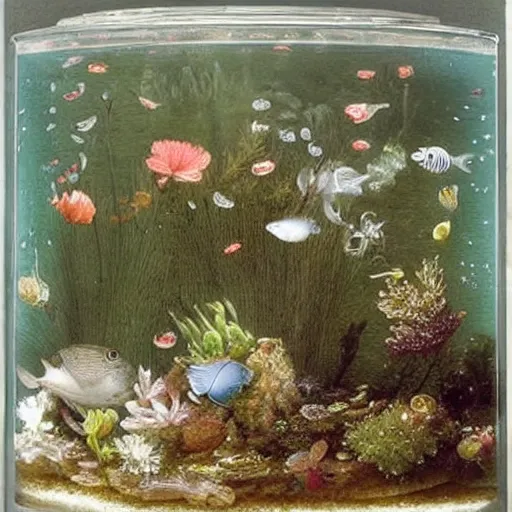 Image similar to floating flowers in a transparent fish tank,Clara Peeters