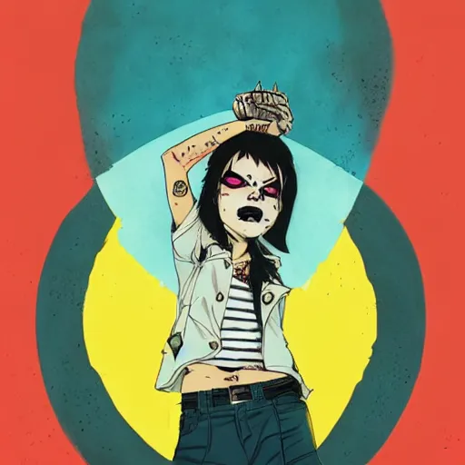 Image similar to Highly detailed portrait of a punk zombie cuban young lady with freckles and short spikey punk hair by Atey Ghailan, by Loish, by Bryan Lee O'Malley, by Cliff Chiang, was inspired by image comics, inspired by scott pilgrim, inspired by graphic novel cover art !!!electric blue, brown, black, yellow and white color scheme ((grafitti tag brick wall background))