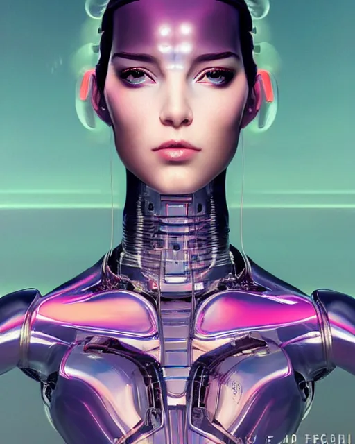 Prompt: a beautiful half body image of a futuristic android with body made of translucent plastic, short hair made of colored cellophane with mechanical internal parts, symmetrical and realistic proportions by Irakli Nadar, tom bagshaw, Charlie Bowater with details by Jason Felix, furio tedeschi, face by ilya kuvshinov, artgerm, cinematic backlit lighting, beauty retouch, elite, photo realistic, octane render, hyper real, ultra detailed, trending on artstation pinterest and deviantart