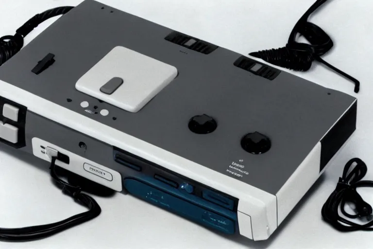 Prompt: The Nintendo Pain System (NPS) console with electrodes and controller, 1989