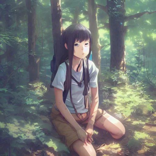 Prompt: anime character in the woods, hyperrealistic, trending on pixiv fanbox, painted by greg rutkowski makoto shinkai takashi takeuchi studio ghibli, akihiko yoshida