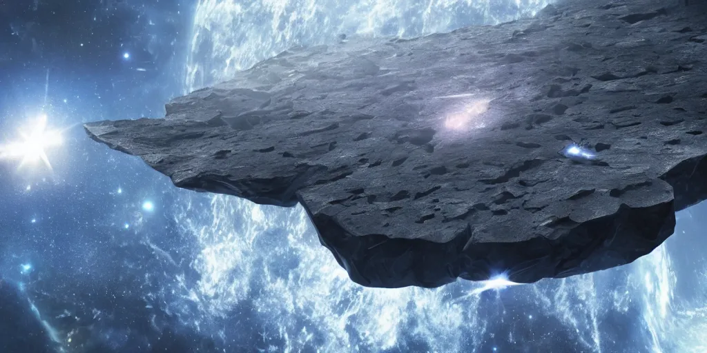 Image similar to floating asteroid surface ground platform in space, mcu style, real life, spotted, ultra realistic, 4 k, movie still, uhd, sharp, detailed, cinematic, 3 d render, modern