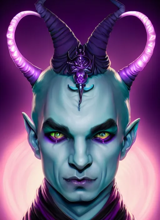 Prompt: symmetry!! portrait of a feminine mischievous trickster male purple and teal skinned tiefling with demon horns and piercings bard, glowing lights!! intricate, elegant, highly detailed, digital painting, artstation, concept art, smooth, sharp focus, illustration, art by artgerm and greg rutkowski and alphonse mucha