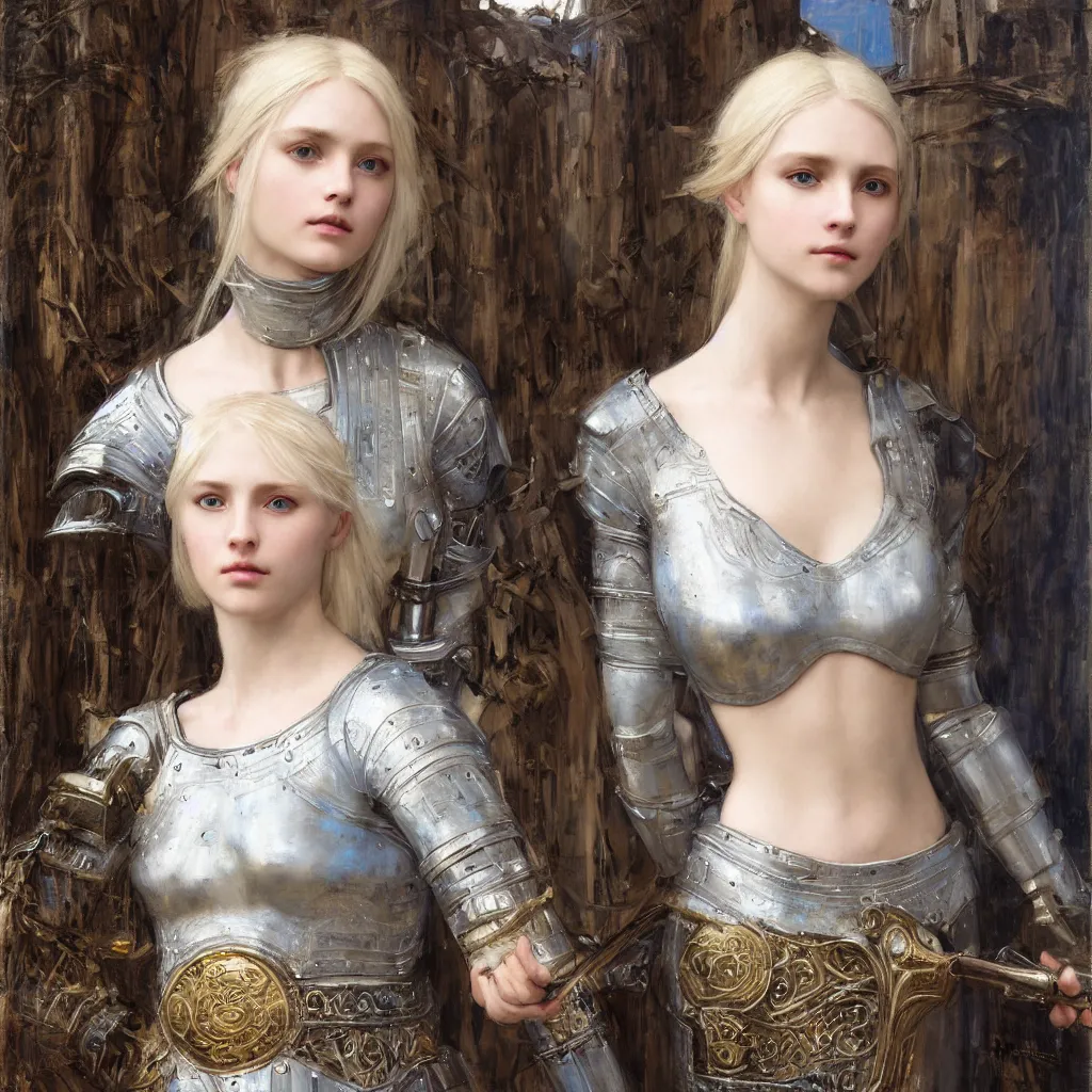Prompt: armored beautiful pale platinum - blonde young woman with light blue eyes, soft gaze, a golden round halo around her head, wearing a fine decorated silver breastplate, painted by john william waterhouse : : 0. 5, epic fantasy, masterpiece, portrait, fine art, digital art, detailed, ultra - hd, cinematic, volumetric, intricate