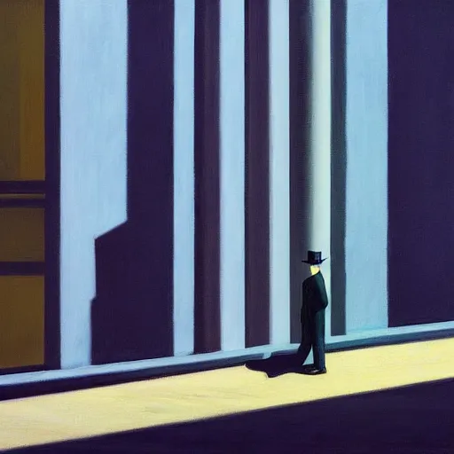 Prompt: painting of a lone man in front of a tall building. by edward hopper and james gilleard