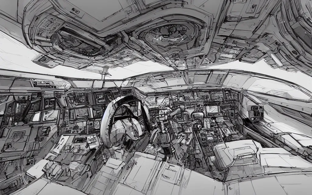 Prompt: concept art for the bridge interior of a starship by Kim Jung Gi trending on artstation
