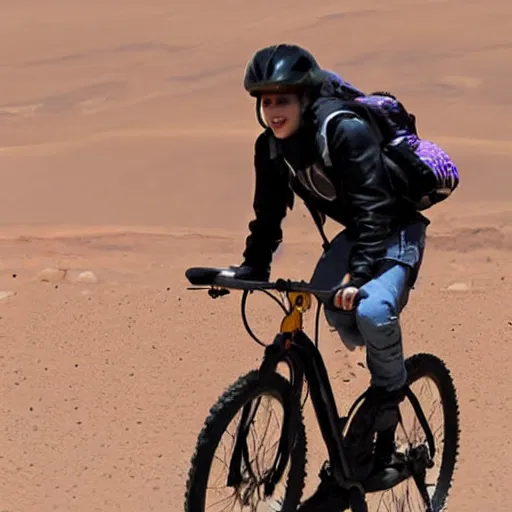 Image similar to justin bieber riding a bike on mars, photograph,