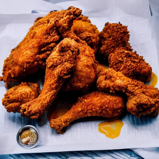 Prompt: mouthwatering fried chicken, food photography