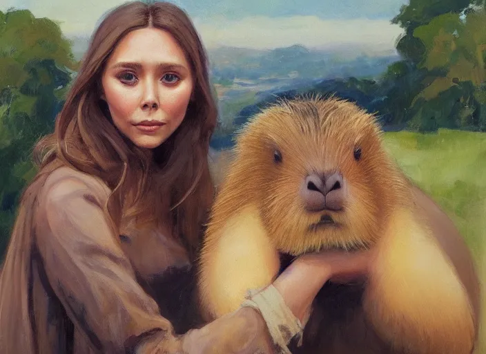 Image similar to a highly detailed beautiful portrait of elizabeth olsen with a capybara, by gregory manchess, james gurney, james jean