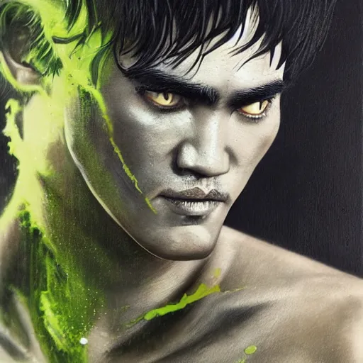 Image similar to a demon slayer portrait of bruce lee, tall, pale - skinned, and slender with lime green eyes and long eyelashes by stanley artgerm, tom bagshaw, arthur adams, carne griffiths, trending on deviant art, street art, face enhance, chillwave, maximalist, full of color, glittering