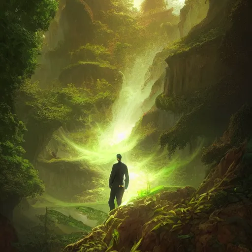 Image similar to A white mafia man with a giant green all-powerful aura surrounding his entire body by andreas rocha and john howe, and Martin Johnson Heade, featured on artstation, featured on behance, golden ratio, ultrawide angle, f32, well composed, cohesive.69:1