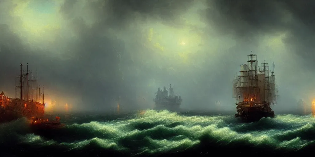 Image similar to A floating steampunk city above an ocean, rainy, turmoil, storm, extremely detailed digital matte painting inspired by Ivan Aivazovsky