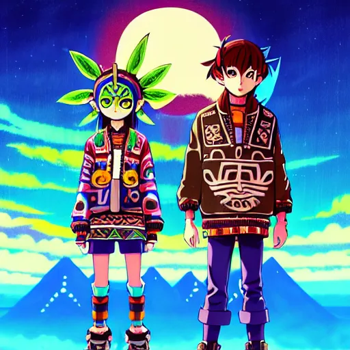 Image similar to majora majora's mask wearing oversized mayan bomber jacket with overalls, bulky poofy bomber jacket with mayan patterns, aztec street fashion, botw art style, gapmoe yandere grimdark, trending on pixiv fanbox, painted by greg rutkowski makoto shinkai takashi takeuchi studio ghibli, akihiko yoshida