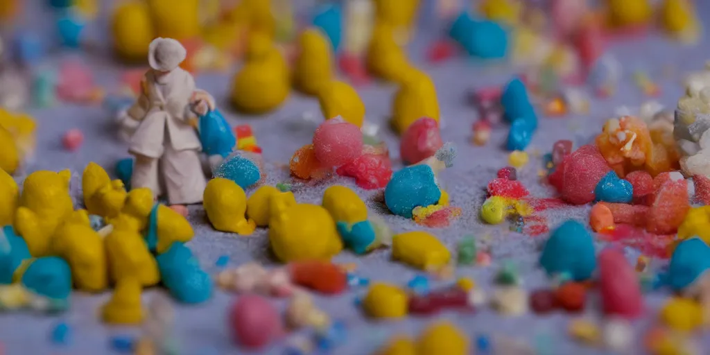 Image similar to a cinematic film still of a claymation stop motion film about a town made of lemons and candy, shallow depth of field, 8 0 mm, f 1. 8