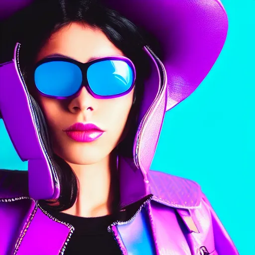 Prompt: closeup painting of a very beautiful young mexican cyberpunk woman with light blue shutter shades, purple leather jacket, synthwave