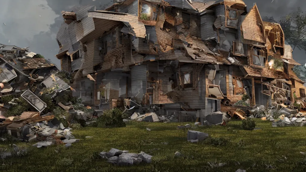 Image similar to A prefabricated housing unit in a neighborhood of established homes being crushed by a giant violent raving angry ogre, chaos, octane render, extreme detail, 8k