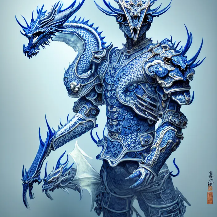 Prompt: man wearing porcelain cyborg armor, Chinese Kangxi Blue and white dragon pattern porcelain, diffuse lighting, fantasy, intricate, elegant, highly detailed, lifelike, photorealistic, digital painting, artstation, illustration, concept art, smooth, sharp focus, art by John Collier and Albert Aublet and Krenz Cushart and Artem Demura and Alphonse Mucha