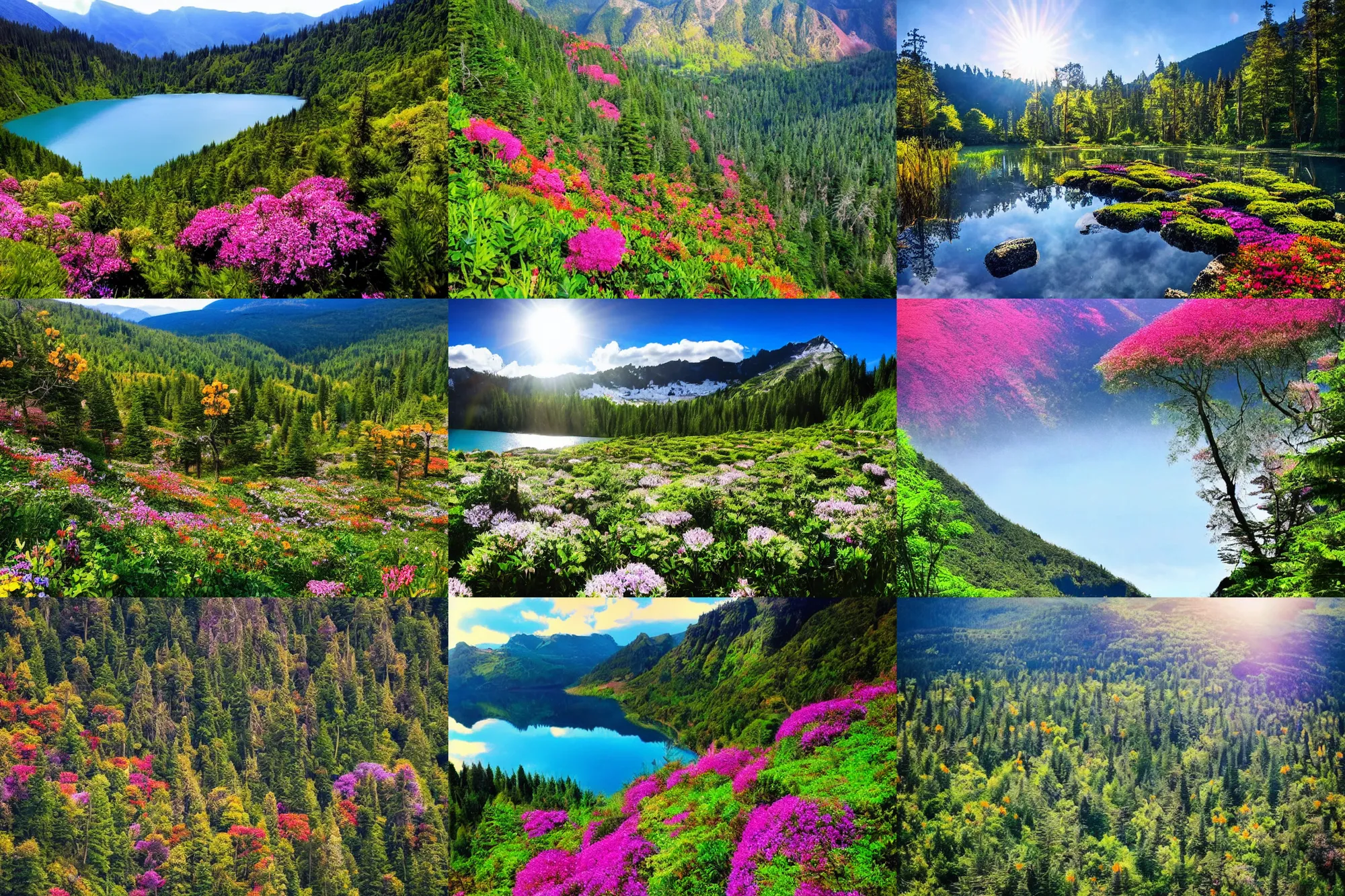 Prompt: a forest grove atop a tall mountain. Flowers in every colour bloom everywhere. A calm lake. The sun is shining. It is paradise on earth. Resplendent. A giant crystals glows serenely.